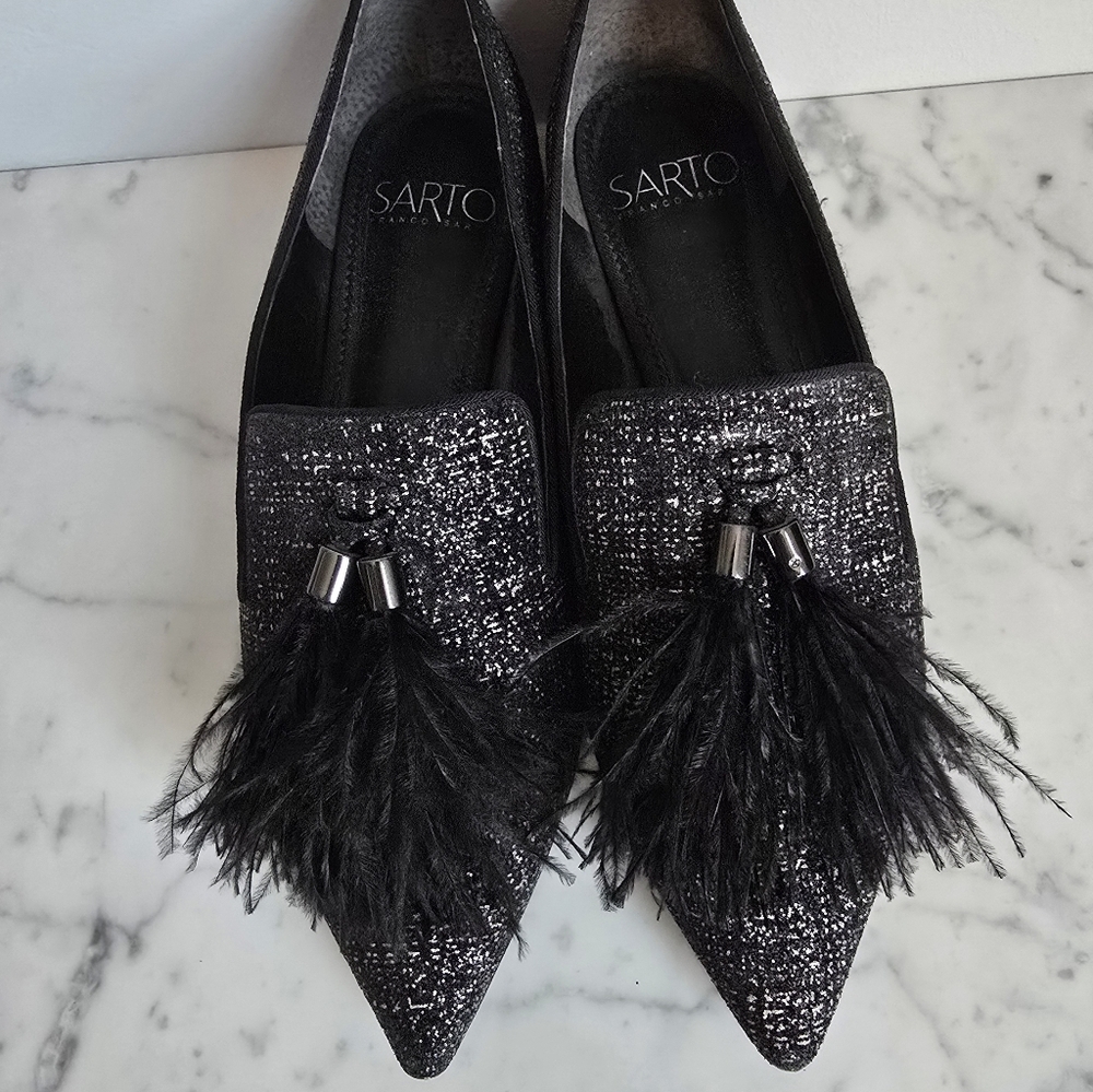 Franco Sarto TOPAZ Black Tweed Shimmer Feather Tassel Point Toe Flats Size 7 - Picture 3 of 12